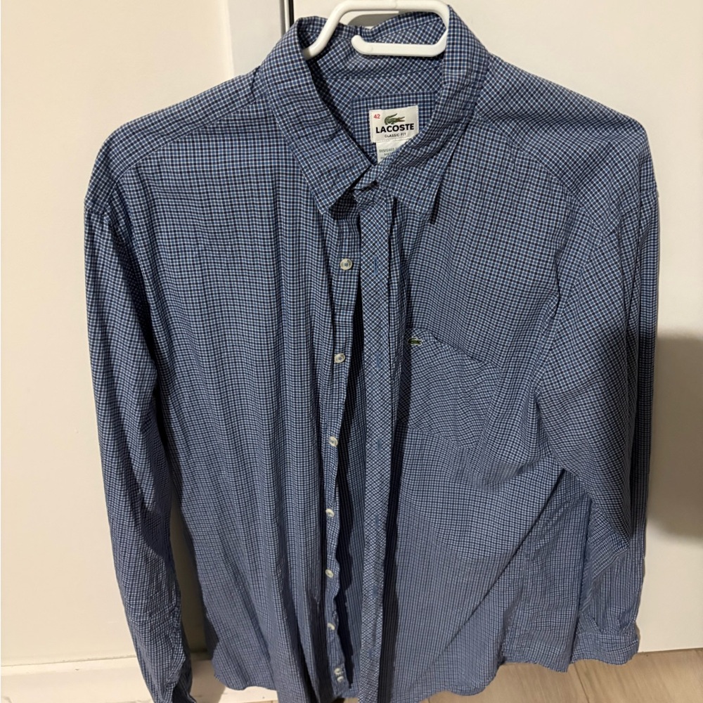 Lacoste Men's Navy Checkered Button Down Shirt